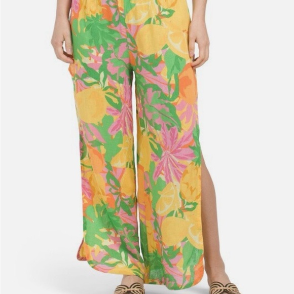 C&C California Vibrant Floral and Lemon Print Wide-Leg Pants - Size XL - Picture 2 of 8